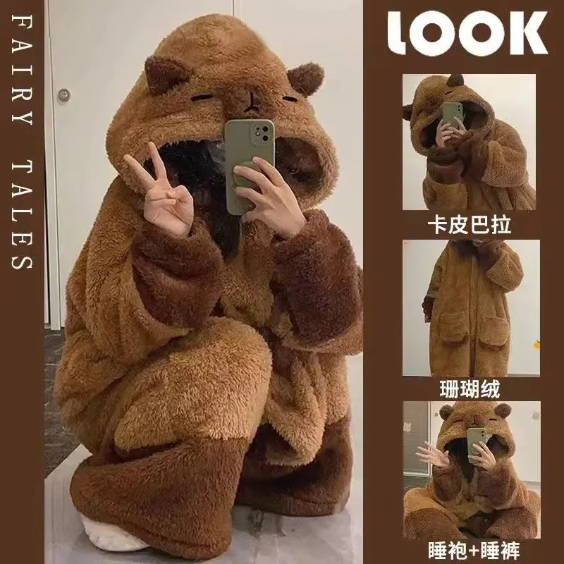 

Милый мультяшный комбинезон-пижама из кораллового флиса с утеплителем, цельный, зимний, новинка, домашняя одежда Bee Home, с капюшоном, для улицы, высокое качество, MS