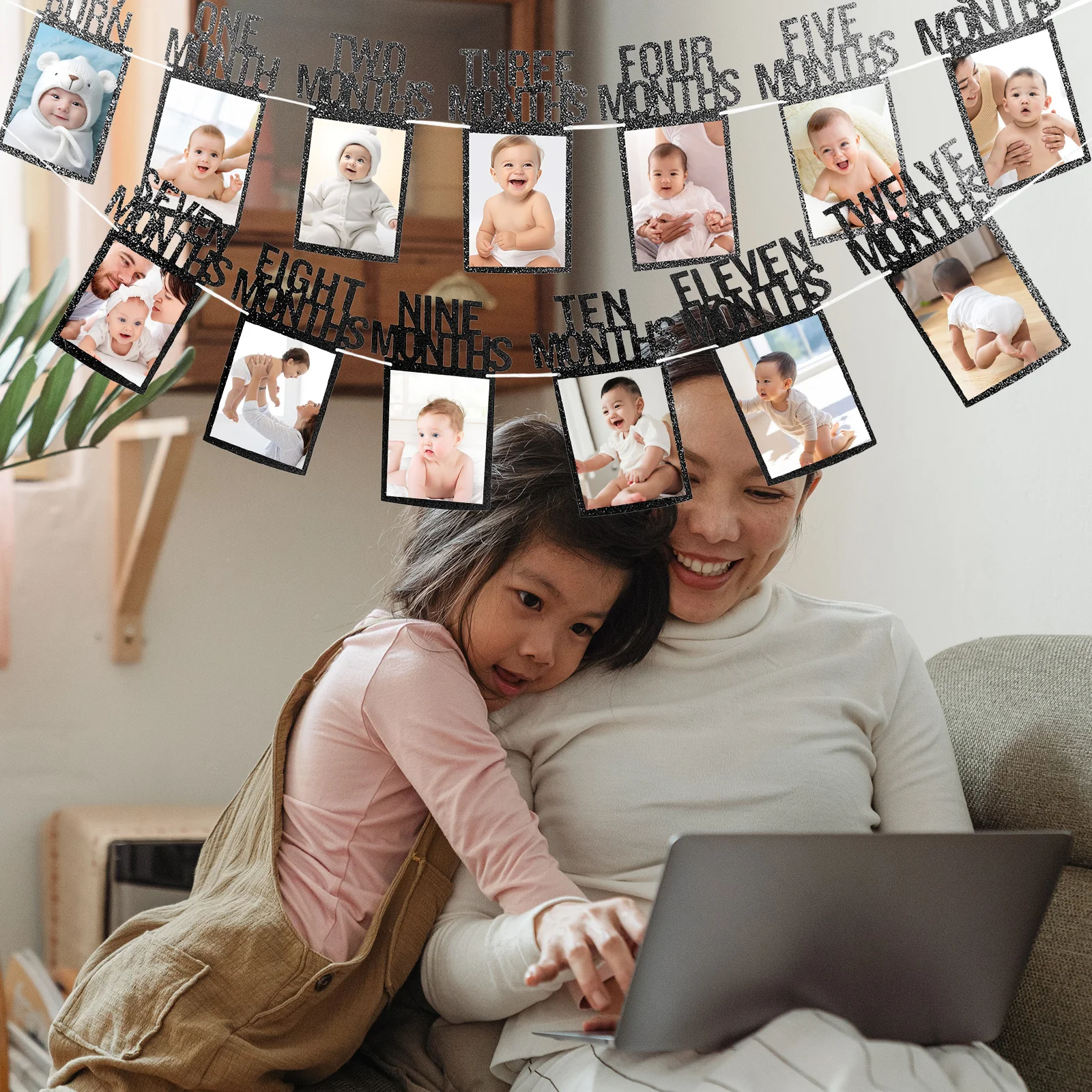 

1Set 1st Birthday Banner to 12 Months Photo Bunting Hanging Picture Frame Garland First Year Birthday Decoration