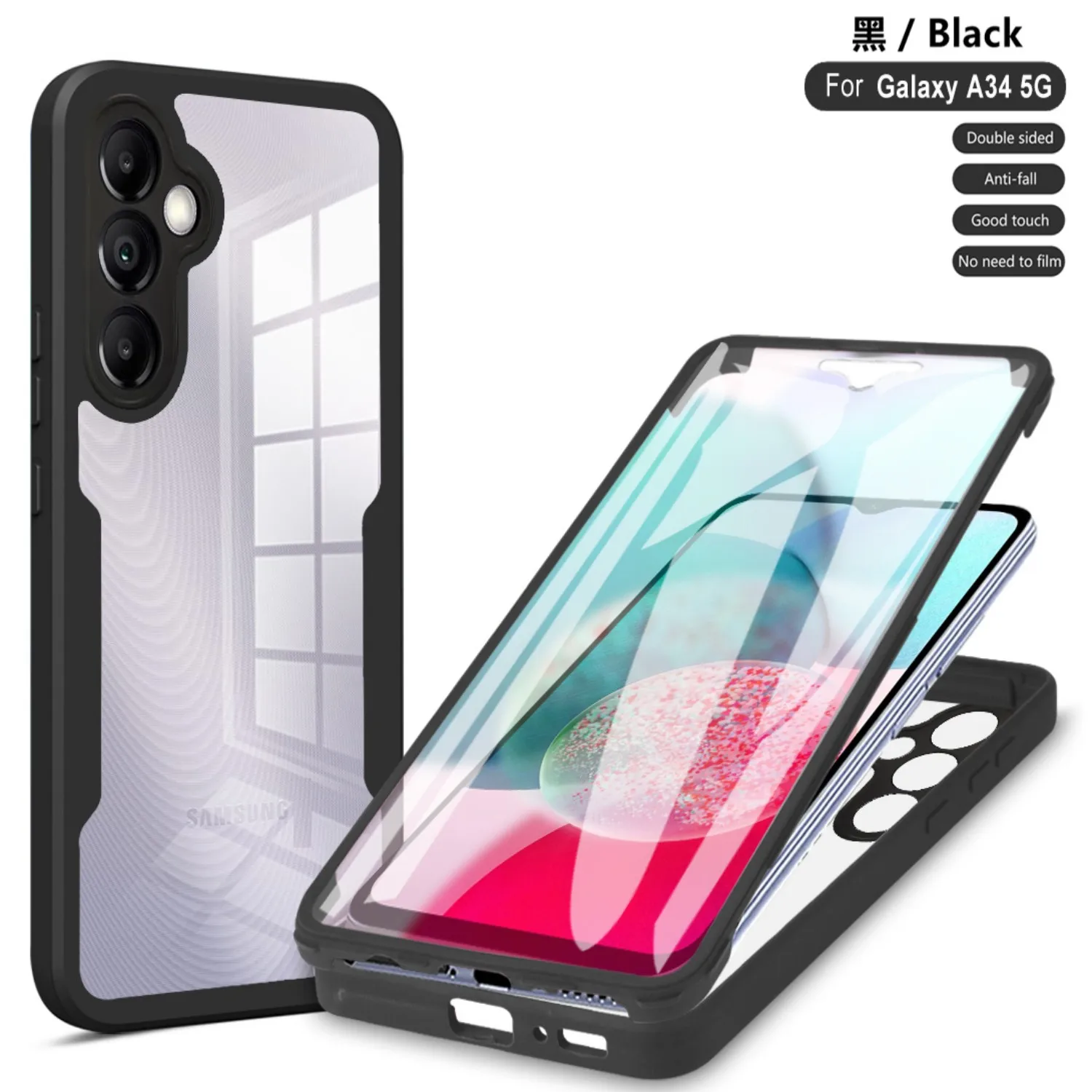 360° Shockproof Phone Case for Samsung Galaxy A34 5G Built-in Screen Protector Transparent Back Anti-Drop Bumper Cover