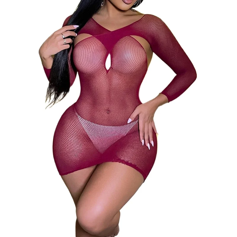 Gonna aderente calda e piccante a maniche lunghe incrociata a rete sexy Biancheria intima romantica scavata senza prendere