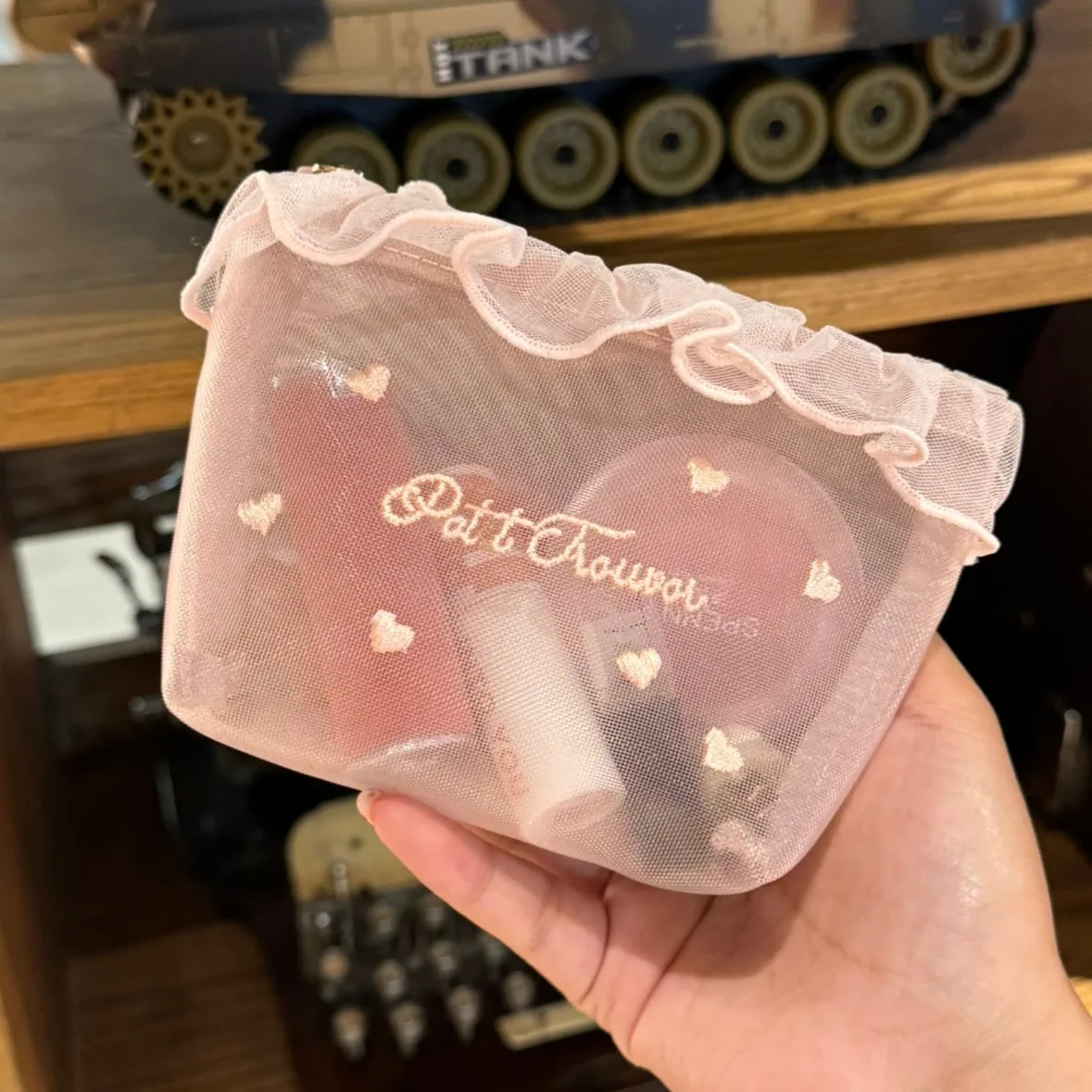 Heart Embroidered Mini Bag Women Y2k Lace Letter Portable Mesh Gauze Cosmetics Storage Bag Korean Popular Bag Makeup Kit