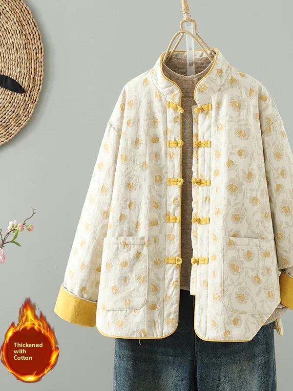 Thiened linho algodão bordado jaet vintage botão casaco de inverno feminino quente algodão acolchoado gola longa casaco sve