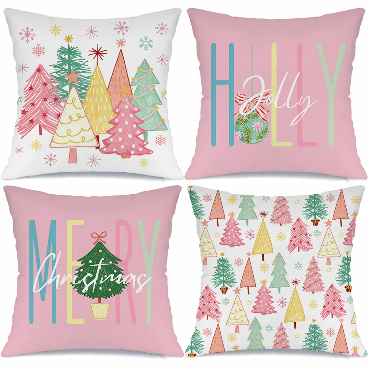 4pcs Christmas Throw Pillow Covers with Colorful Christmas Trees Snowflakes Holly Merry Christmas Patterns, Create Cozy Xmas