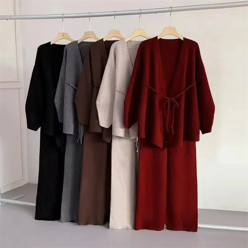 Women Knitted Long Sleeves Casual Pants 2PCS Ladies Sweater Trousers Outfit Spring Femme V-neck Pantalons Knitting Two Piece Set