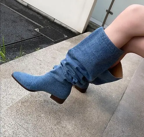 Fashion Lady Blue Jeans Denim Pointed Toe Knee High Flat Boots Women Slip On Pleated Tube Long Fall Botas Shoes Drop Shipping