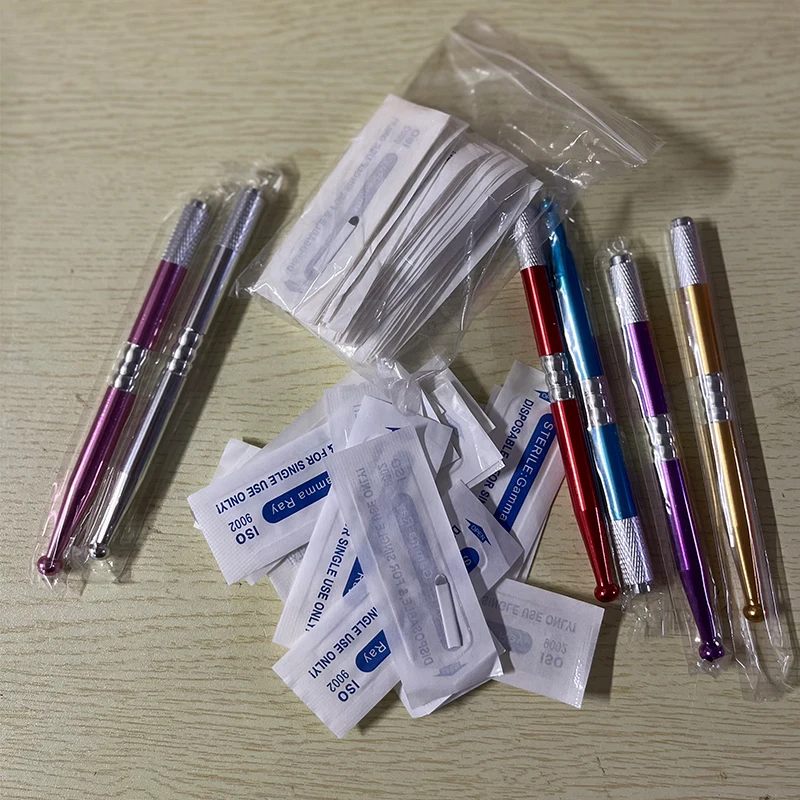Permanent Makeup Lips Eyebrow Machine Microblading Manual Tattoo Pen +50pcs 14U Blade Embroidery Needle Tebori Blade Tattoo Kits