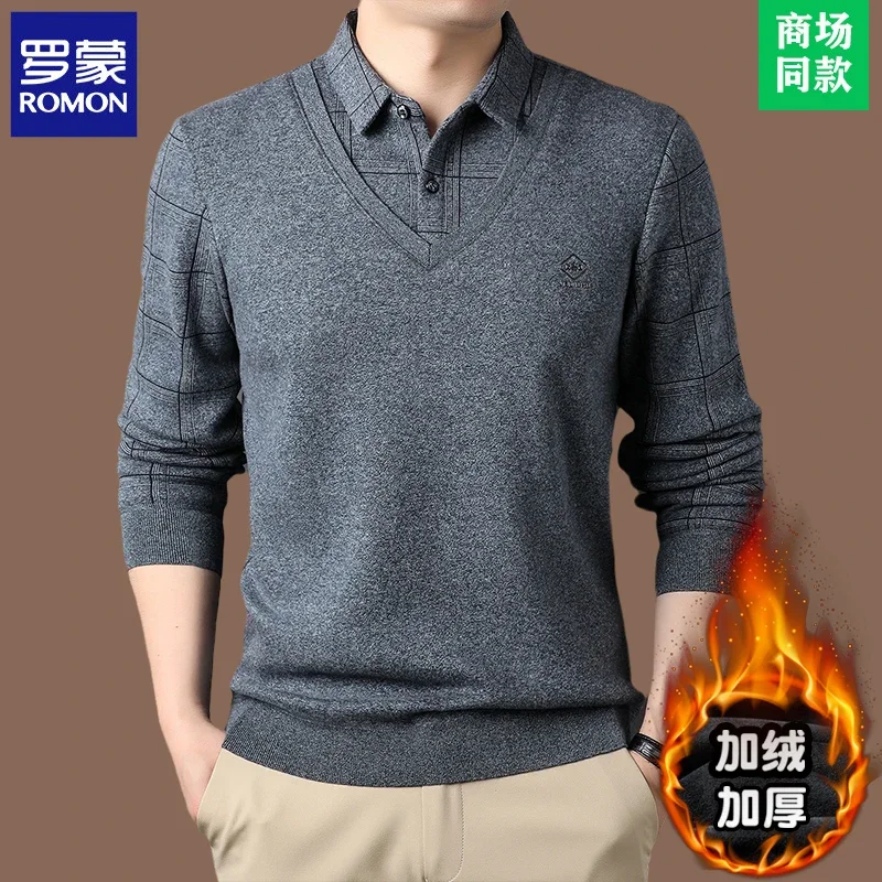 High End 100% Wool Sweater for Men Plush Thickened Fake Two Piece Mens Sweaters Business Casual Underlay Shirt Men Sueter Hombre