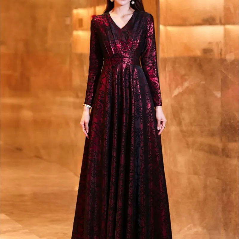 Dark red jacquard new saving luxury long sleeve skirt