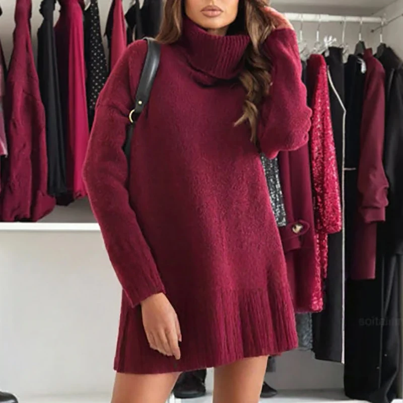 Long sleeved knitted casual women's set with lace embroidery solid color 2-piece set fashionable high neck pullover and skirt