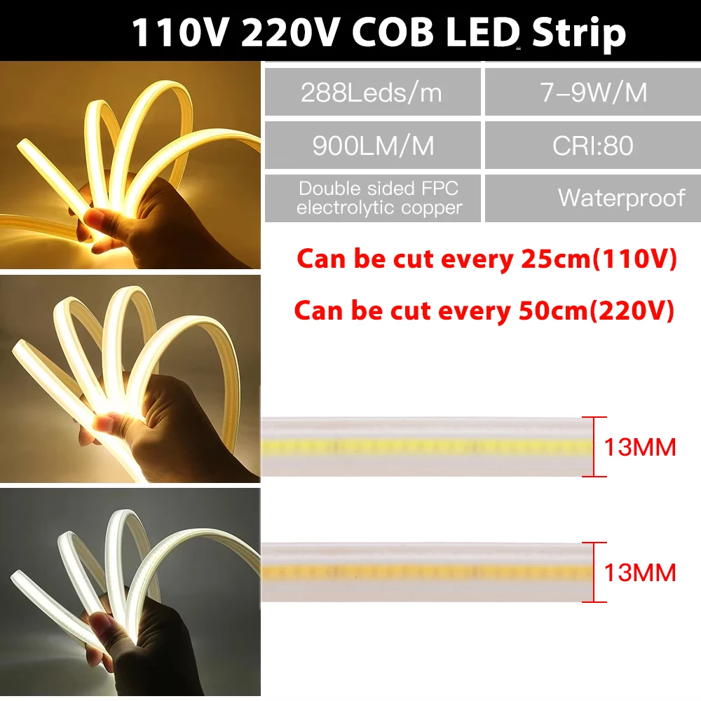 220V 110V COB LED Strip Light Waterproof Outdoor LED Lights Flexible COB LED Tape With EU US Power Plug Dimmable Linear Lighting