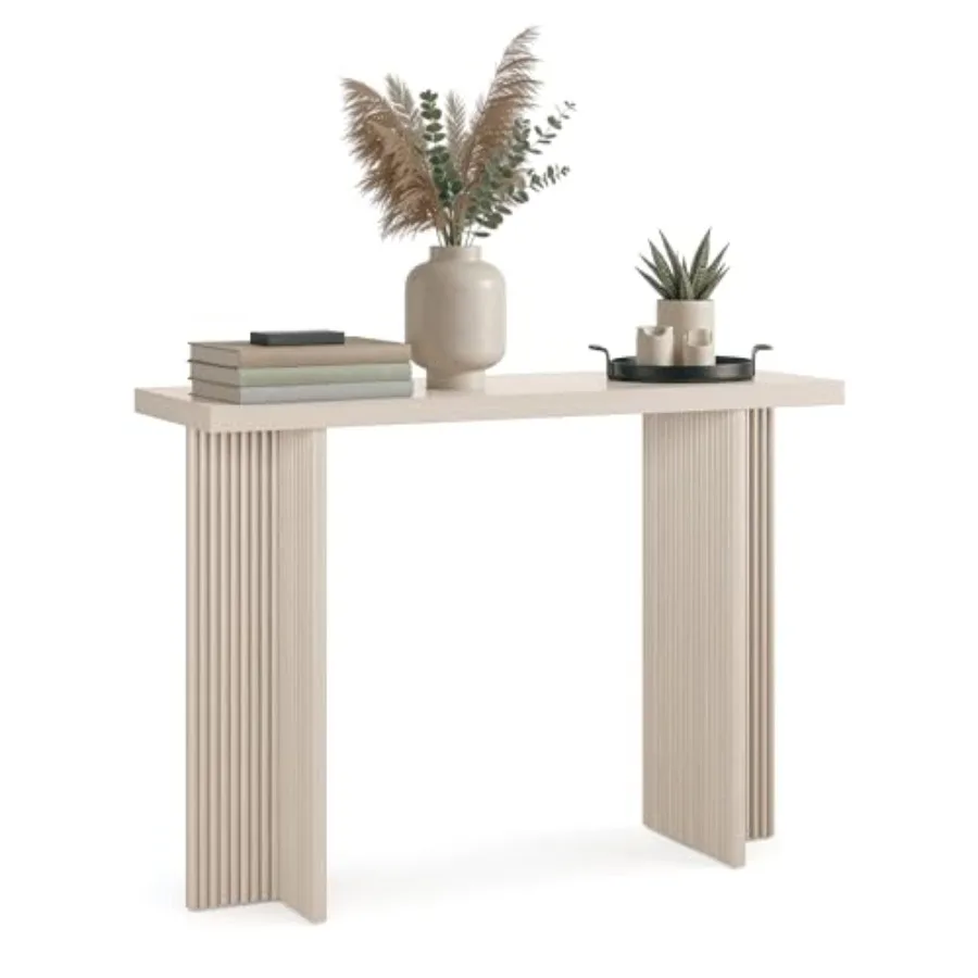 Fluted Console Table Weathered White Solid Wood Entryway Table with Oak Grain Veneer Curved Base and Adjustable Feet Modern Far