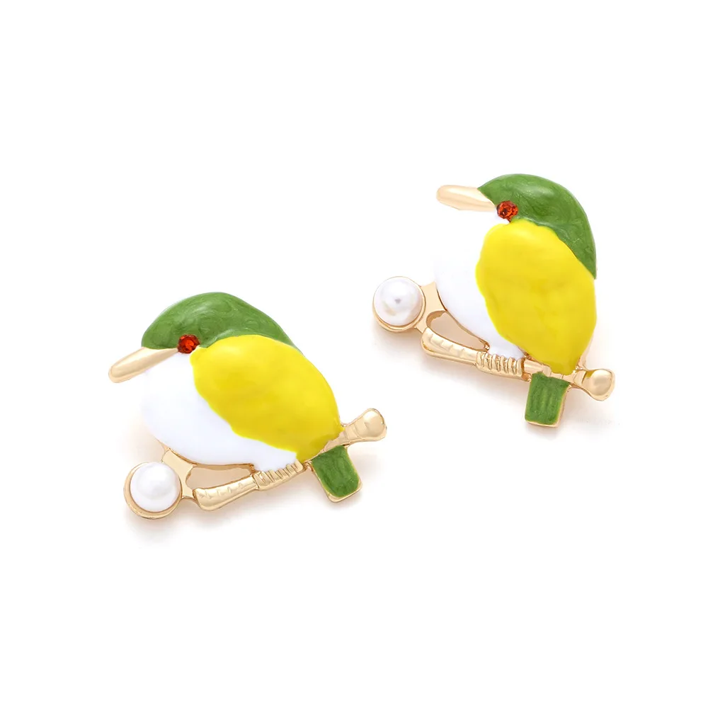 Personality cute alloy dripping bird stud earrings niche design imitation pearl enamel magpie earrings women