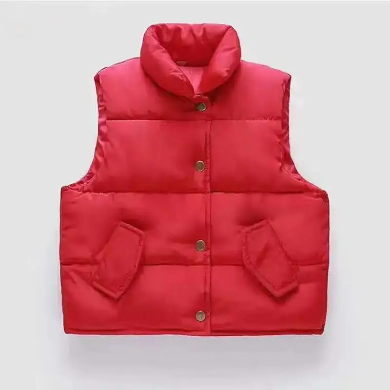 Gilet in cotone con colletto alla coreana per bambini in tinta unita Autunno Inverno Giù Gilet senza maniche Giacca Cappotto Capispalla caldo 3-12