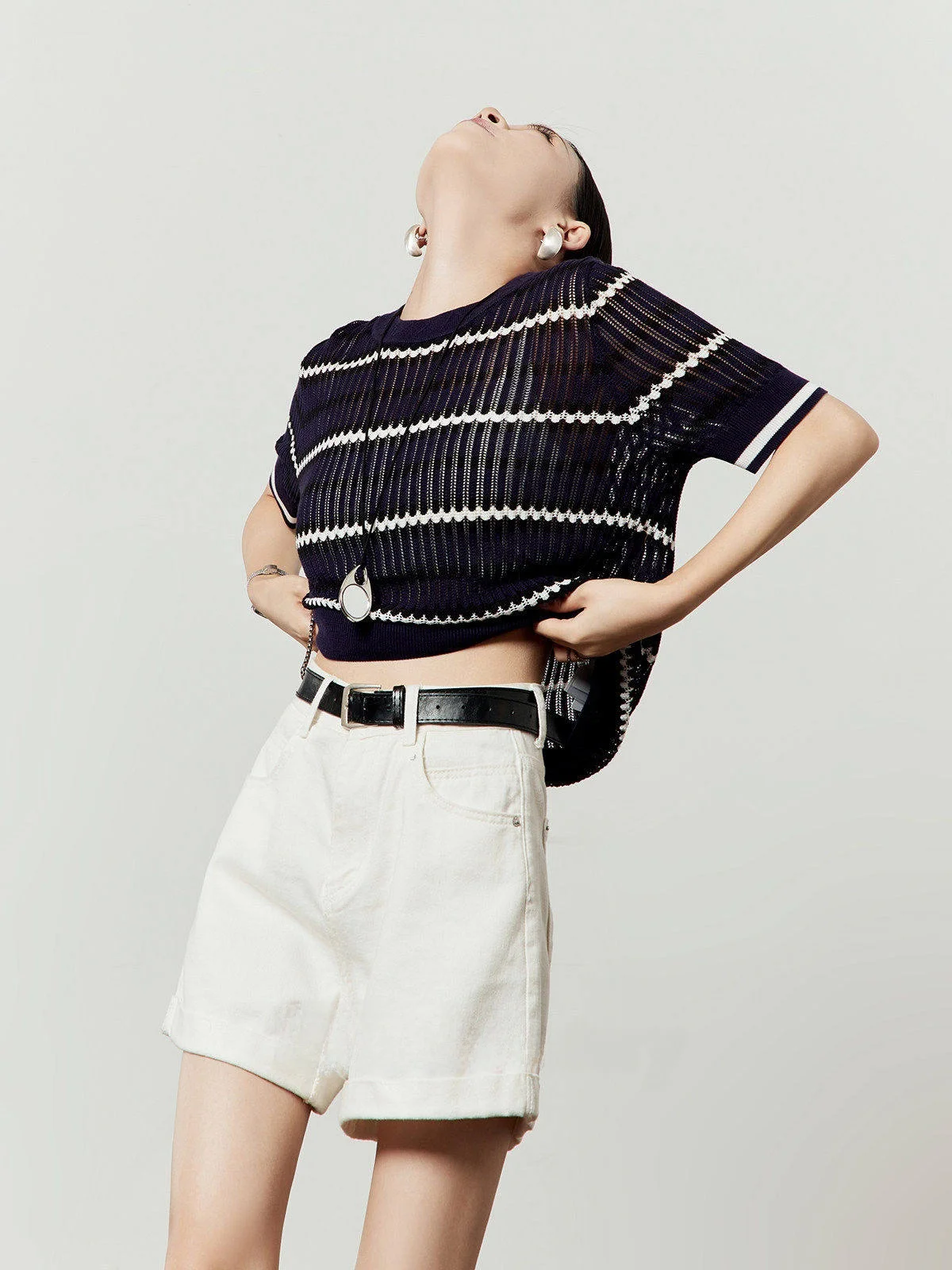 

Loose Fit ort Sve round Ne Knitted Sweater Women's Sle Summer New Arrival Simple Design Sense Hollow out Blue Color