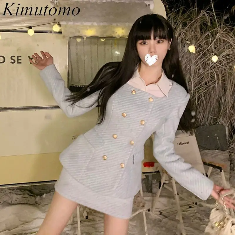 Kimutomo Small Fragrance Two Piece Sets Womens Outfits Solid Color Double Breasted Wool Coat High Waist A Line Hip Mini Skirt