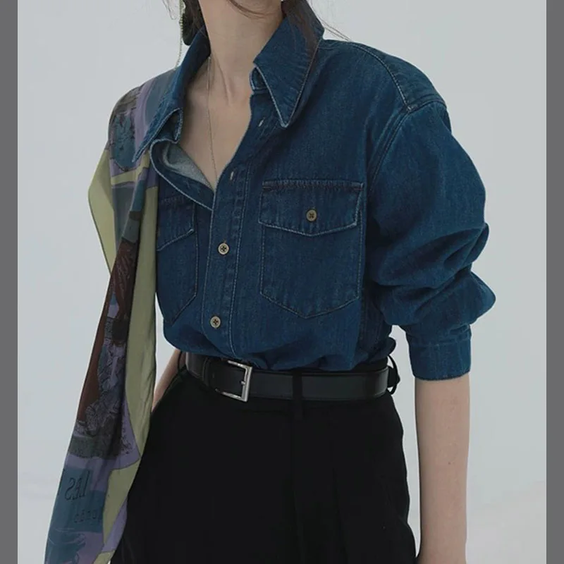 

Женская джинсовая рубашка с длинным рукавом-поло во французском стиле ретро, весна-осень, новое корейское стильное тонкое джинсовое пальто, женская повседневная рубашка