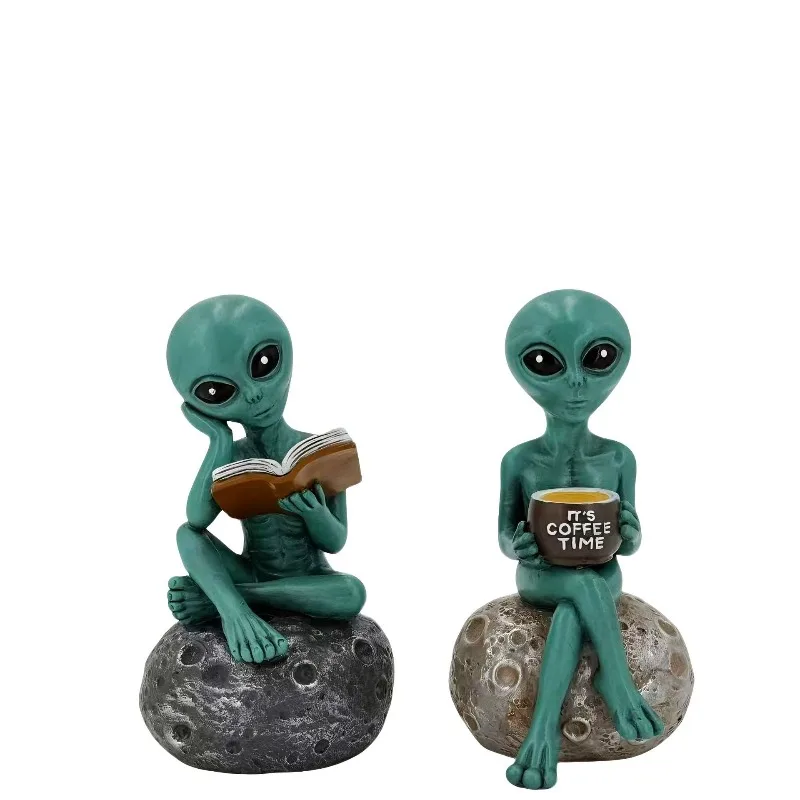 Funny Alien Reading Coffee Resin Statue, Unique Extraterrestrial Figurine, Creative Desktop Decor for Living Room Cafe