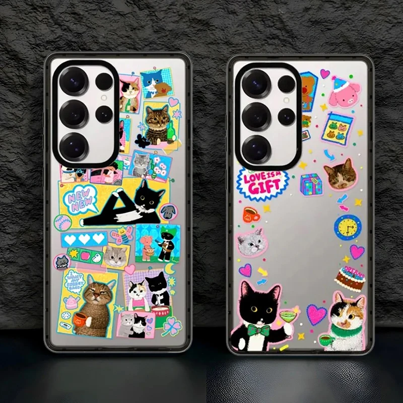 

Cats Cake Sticker Pattern Acrylic Black Border Case for Galaxy S26 S25 S24 S23 Ultra S26U S24+ S25+ S26 Plus Protective Case