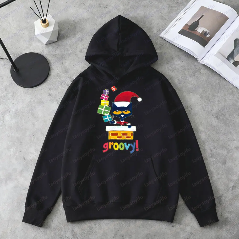Pete The Cat Groovy Christmas Sweatshirt Funny Santa Cat Clothing Cute Holiday Gift Women Hoodies Casual Fall Winter Apparel