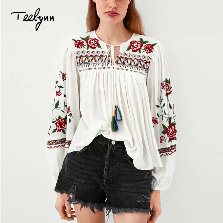 TEELYNN Boho camicetta per le donne camicette ricamate floreali in cotone bianco Puff manica lunga o-collo camicette da donna Casual allentate Blusa