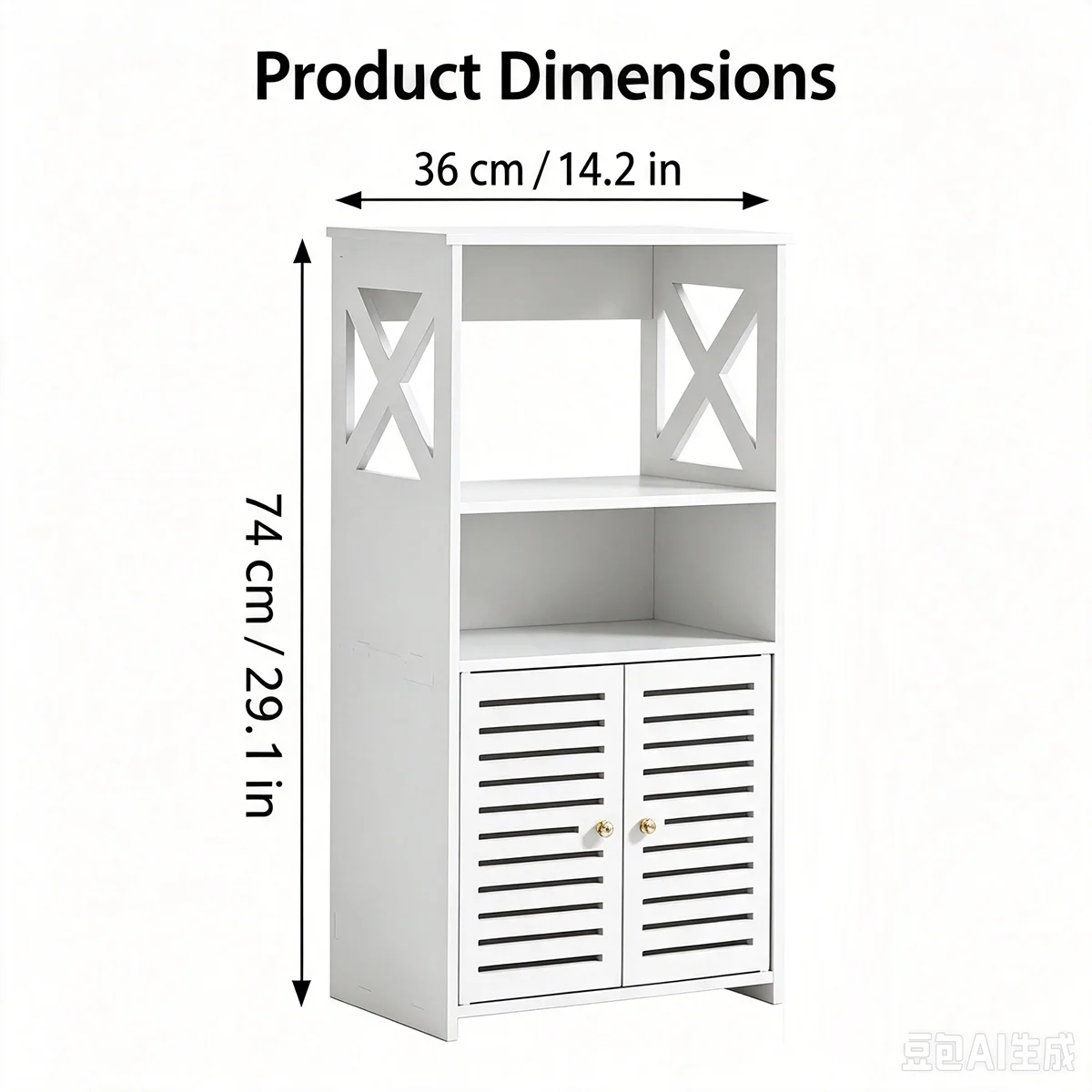 Farmhouse White Tall Bathroom Storage Cabinet, Freestanding Floor Organizer with Hollow Side Panels, Shutter Doors & Open Shelvi