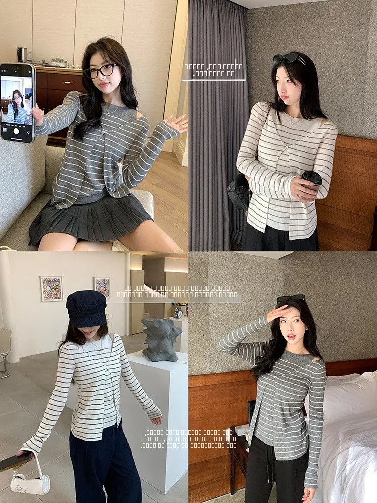 

EKOOL Women's Slim Fit Knitted Woolen Sweater round Ne Hollow out Spring Autumn Stripe Pattern Korean Sle Long Sve Car...
