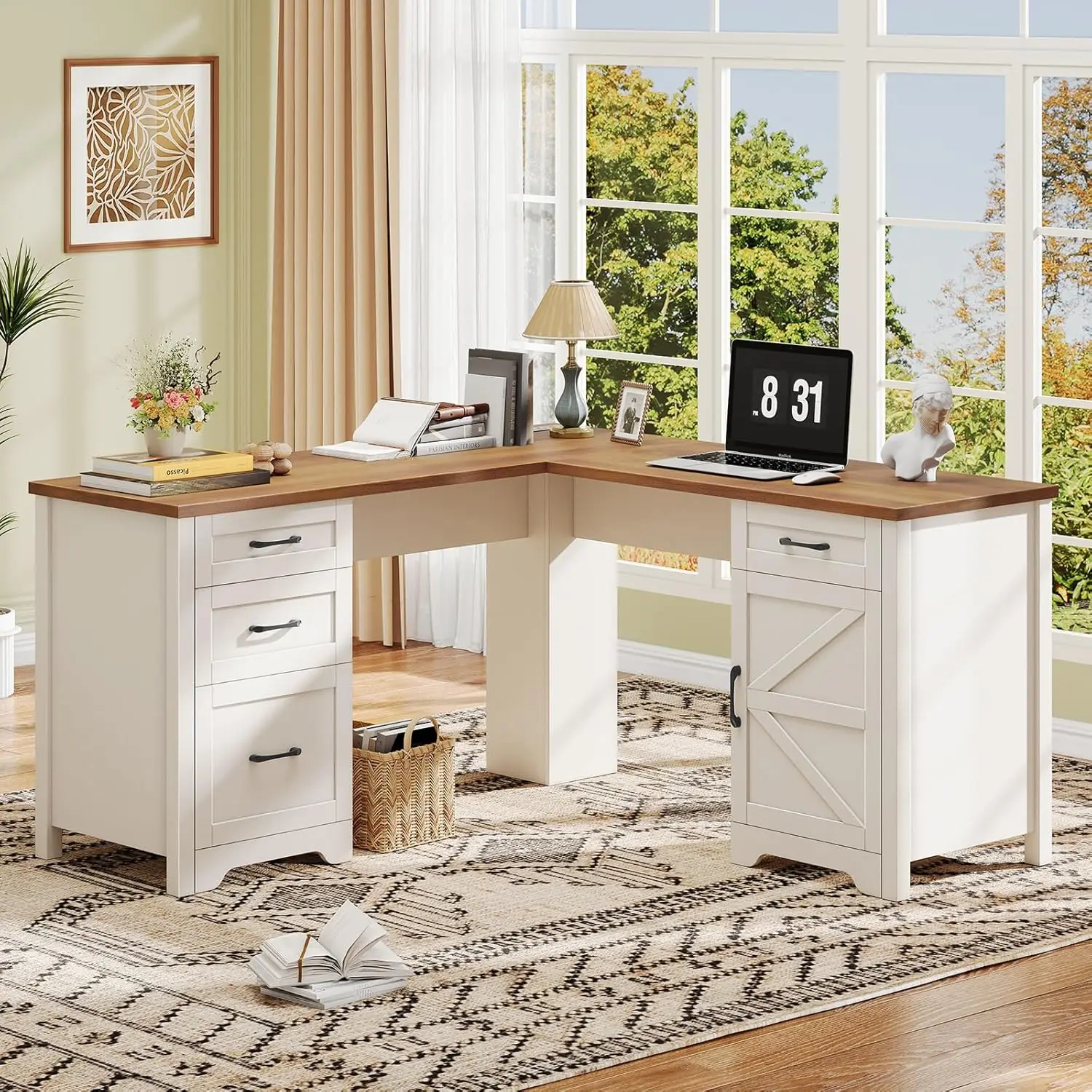 

59" L-Shaped Executive Desk Power Outlets File Drawer Storage Cabinet Wood Corner Workstation Home Office, Customized