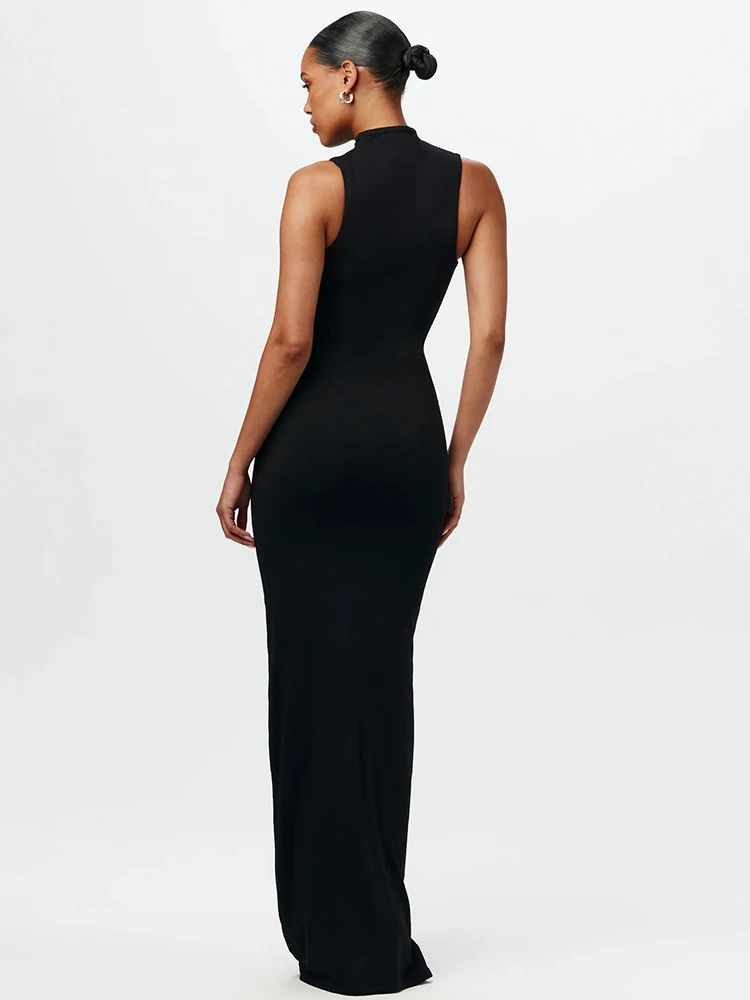 Sibybo Fashion Elegance Sleeveless Ribbon Long Dress Basics Solid Color Skinny Robe 2024 Temperament Women Club Party Dress image 3
