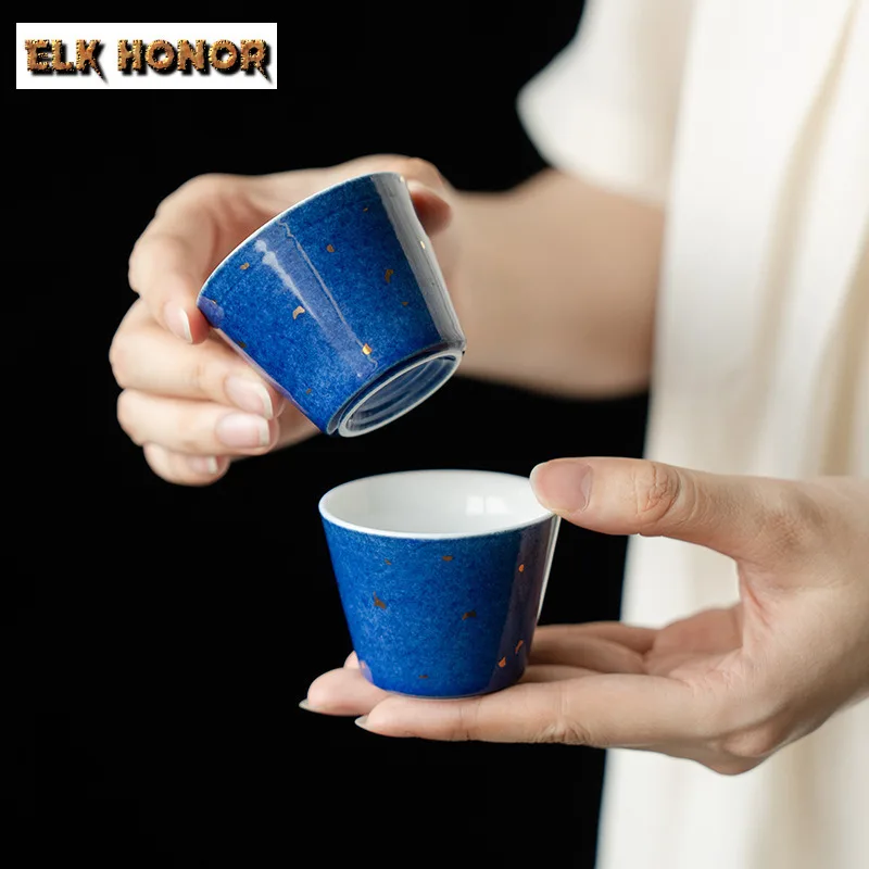 2pc/lot Blue With Sprinkle Gold Teacup Zen Tea Bowl Cute Cup Tea-tasting Meditation Cup Jianzhan Master Cups Chinese Teaset 60ml