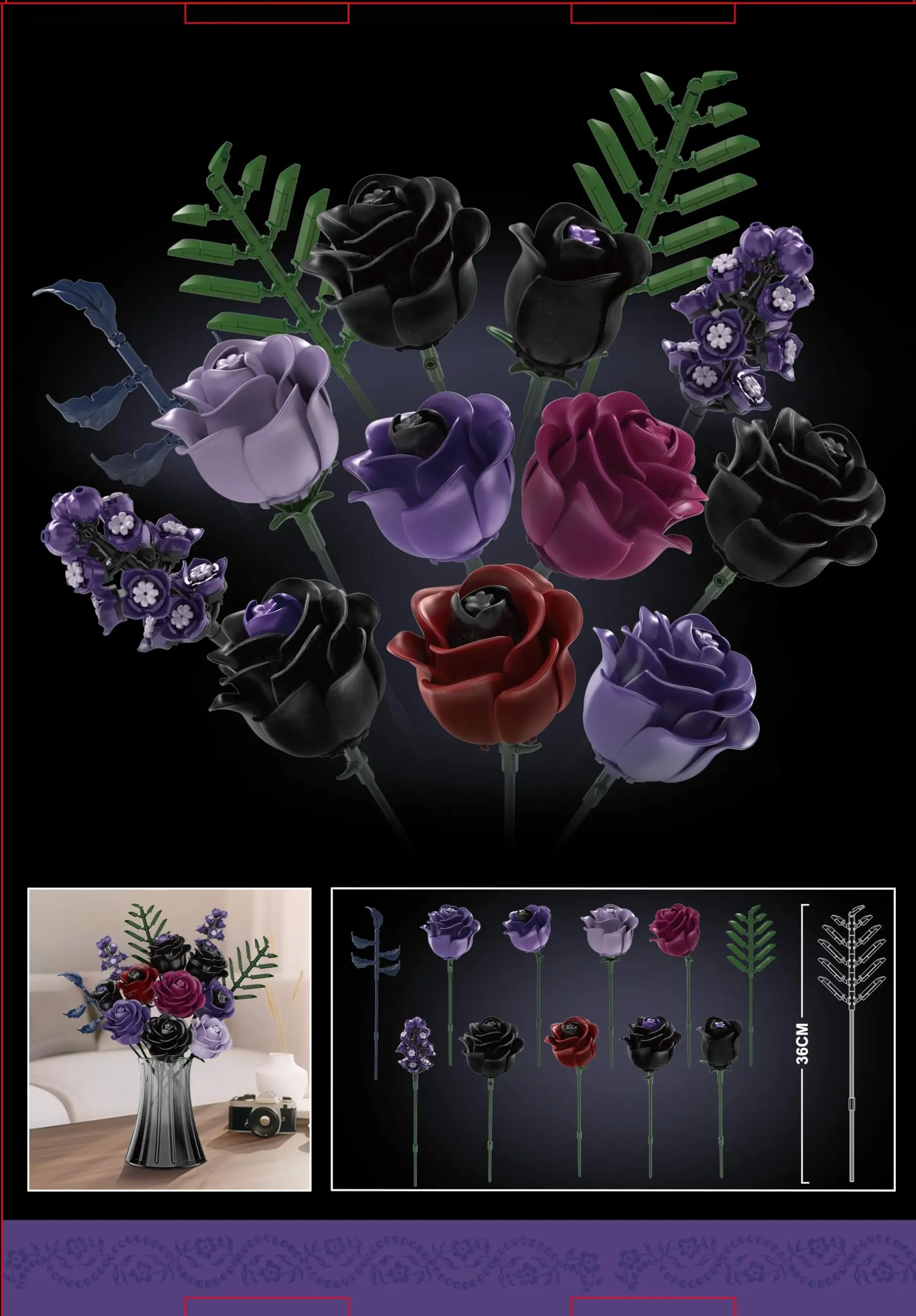 HOGOKIDS Zestaw do budowania bukietu kwiatów - 14 fioletowych róż, botaniczne klocki, sztuczna czarna róża, gotycka dekoracja kwiatowa, prezent dla dorosłych