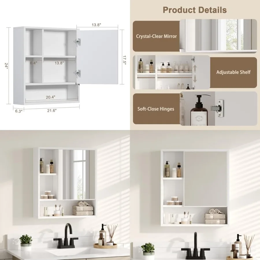 

Bathroom Wall Mirror Cabinet, Medicine Cabinet with Single Door and Adjustable Shelf, Over The Toilet Space Saver Storage Cabinet, White