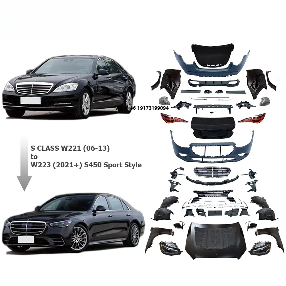 S Class W221 to W223 S450 Sport Body Kit 2006~2013y to 2021y+ Vehicle S450 Sport Bumper Grille Hood Upgrade Replace Body Parts