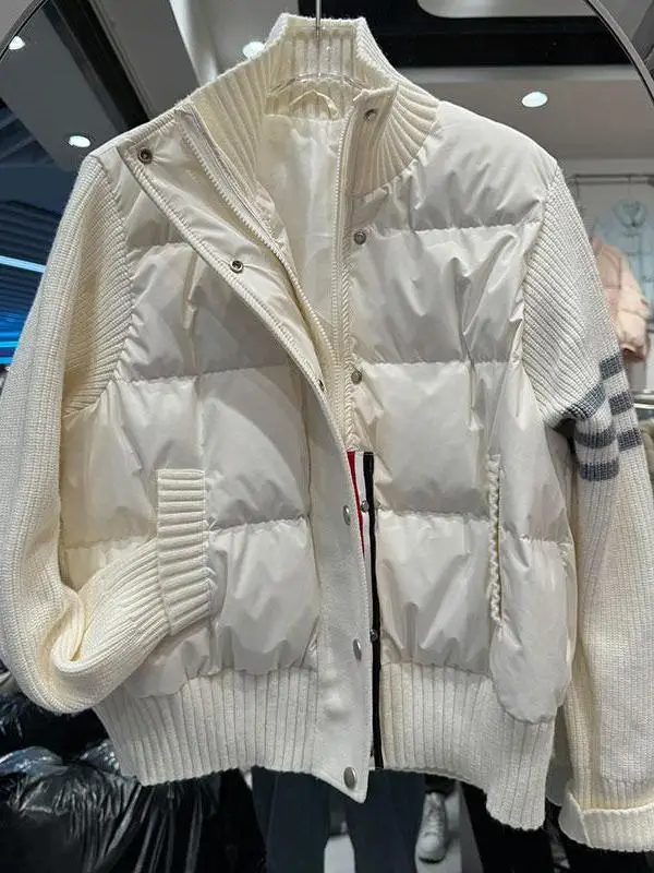 Faionable ort gebreide opstaande kraag tee bars dames dons Jaet 2025, herfst winter nieuwe Sle witte Du veren jas