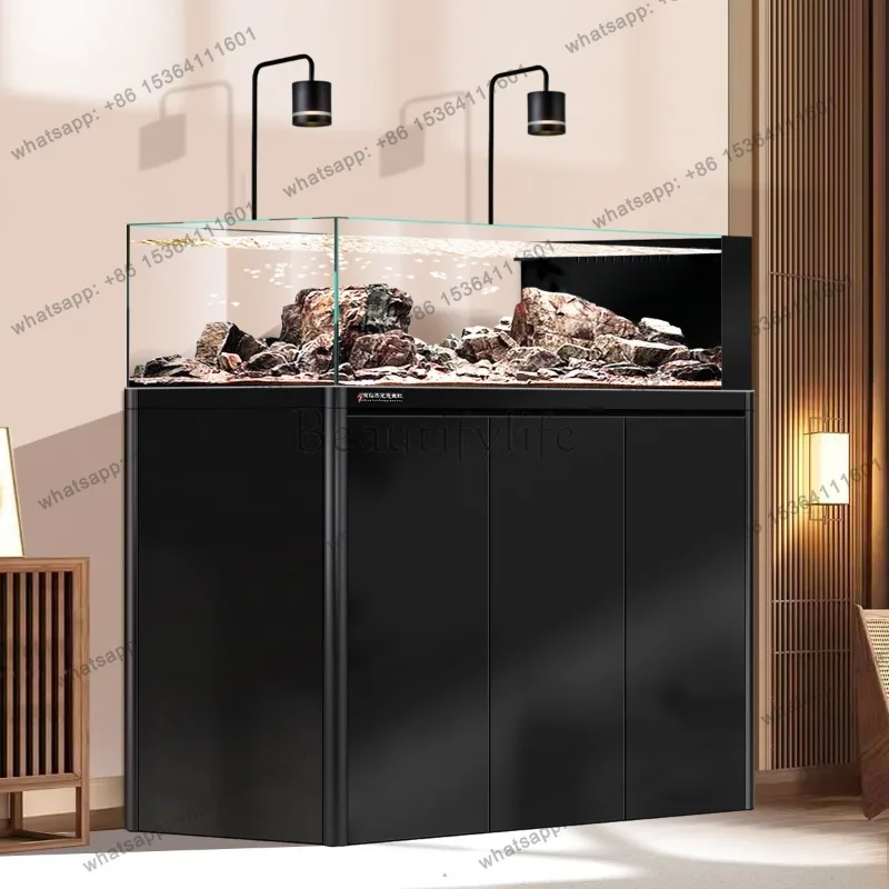FG Large Stream Scape Aquarium: Eco Self-Cleaning Fish Tank Ultra Clear Glass Bottom Filter, Complete Cabinet Set Living Room JT