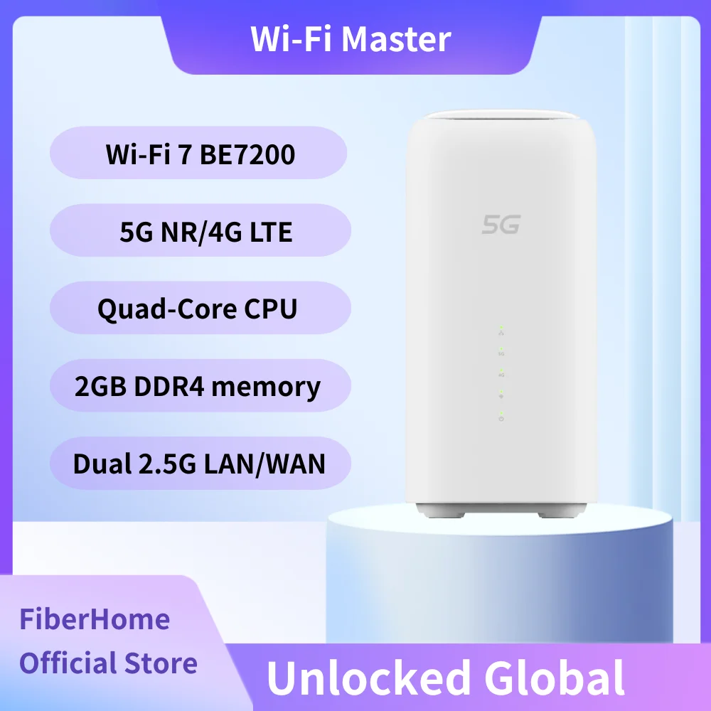 

FiberHome 5G CPE Pro WiFi 7 7200Mbps Router - Unlocked 4G/5G Dual Band SIM Slot, 128 Devices Support for UAE Saudi Hot Weather