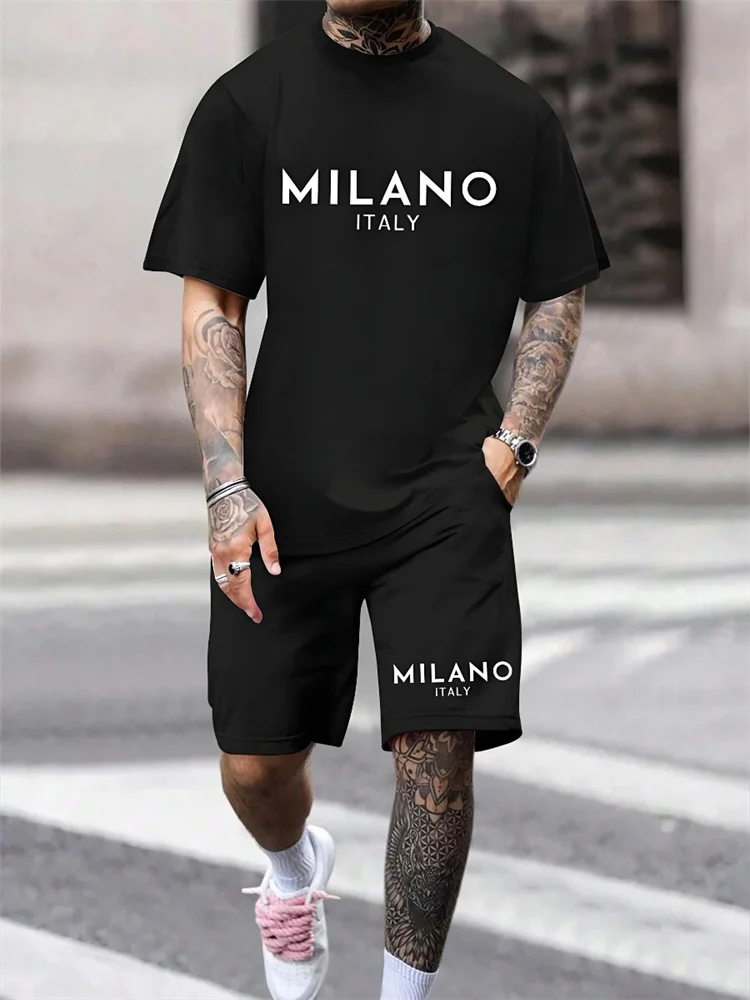 Two-piece Milano Print Men's Set Summer Casual Everyday Men's Short-sleeved T-shirt Outdoor Street Men Fashion Sports Shorts