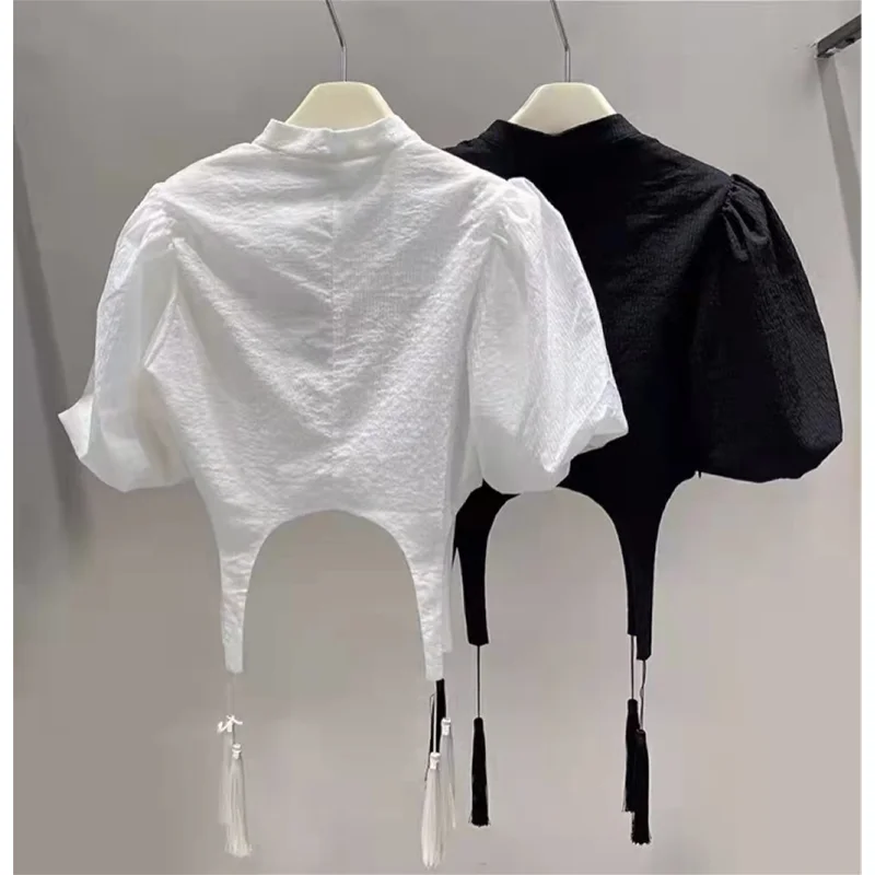 Women\'s Clothing Shirt New Design Sense Stand Collar Unique Top Chinese Style Buckle Tassel Bubble Sleeve Slim Fitting Blouse