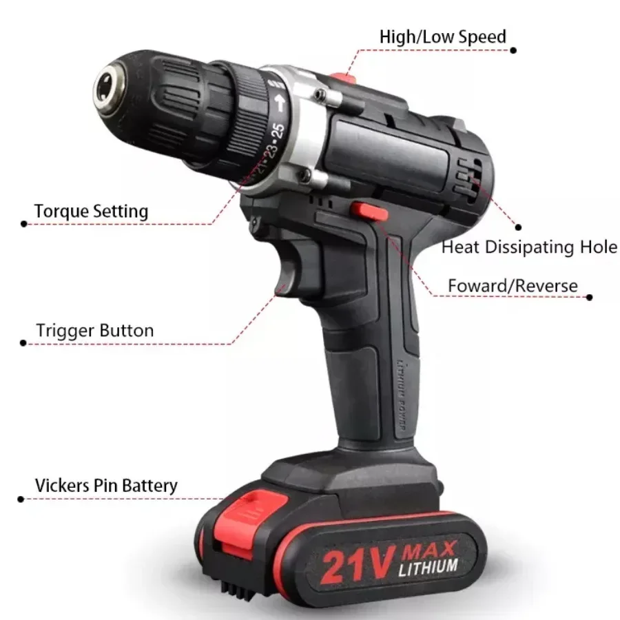 Taladro de impacto de 21V con cepillado, Mini taladro eléctrico inalámbrico de 1500rpm, herramientas para el hogar, taladro de batería de litio de