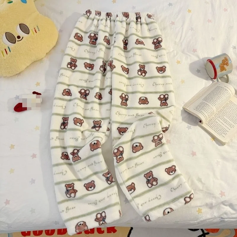 

Winter Cute Striped Little Bear Women's Sleepy Pants Thickened Warm Home Pants Loose Comfortable Plush Pants for Girls