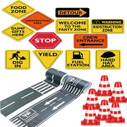 Construction Zone Traffic Sign Cutouts Road Stickers Mini vertebral barrel Construction birthday party Decoration Supplies