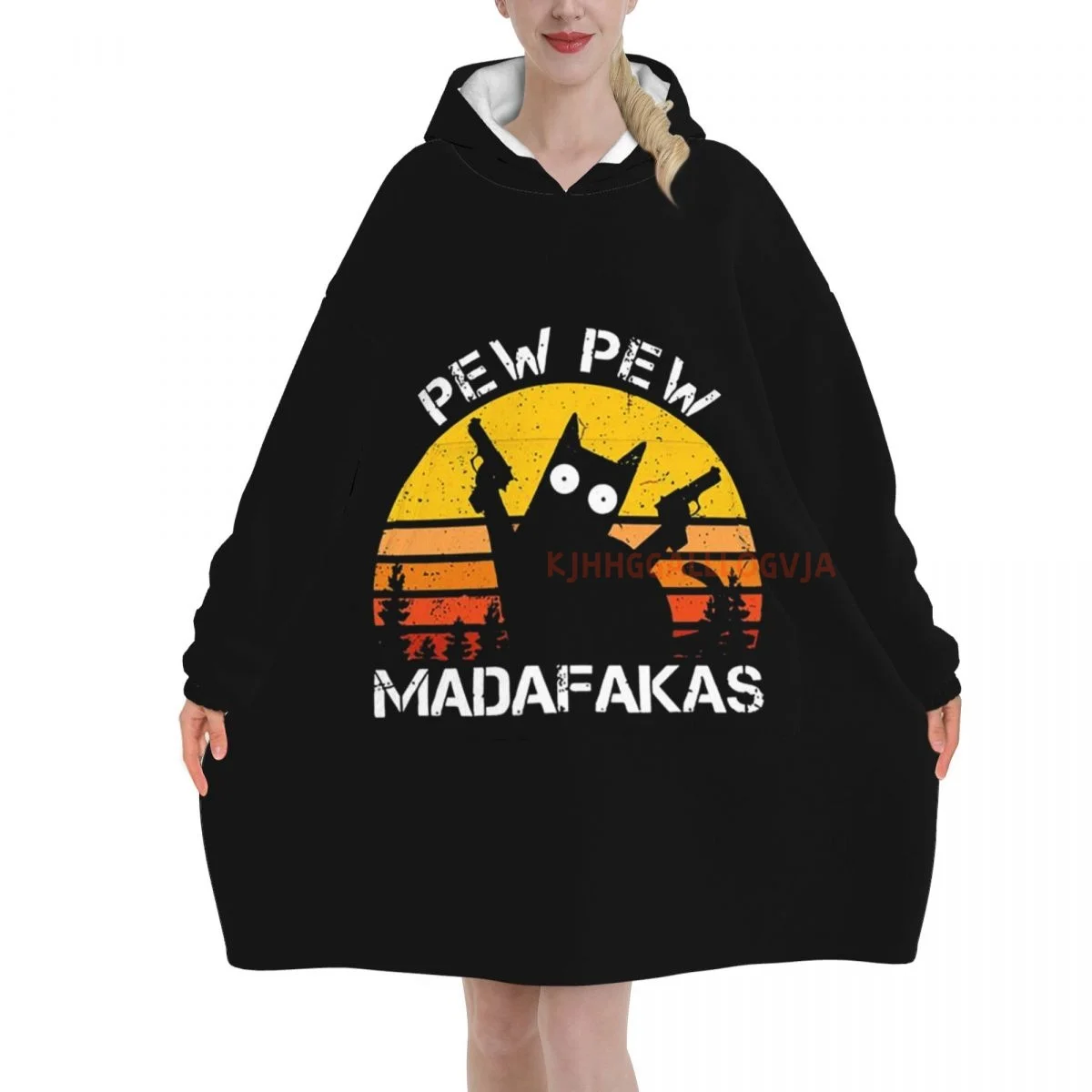 Pew Pew Madafakas Cat Wearable Flannel Blanket Hoodie Oversized Hooded Blanket Pullover Sweatshirt Fleece Sherpa Blankets