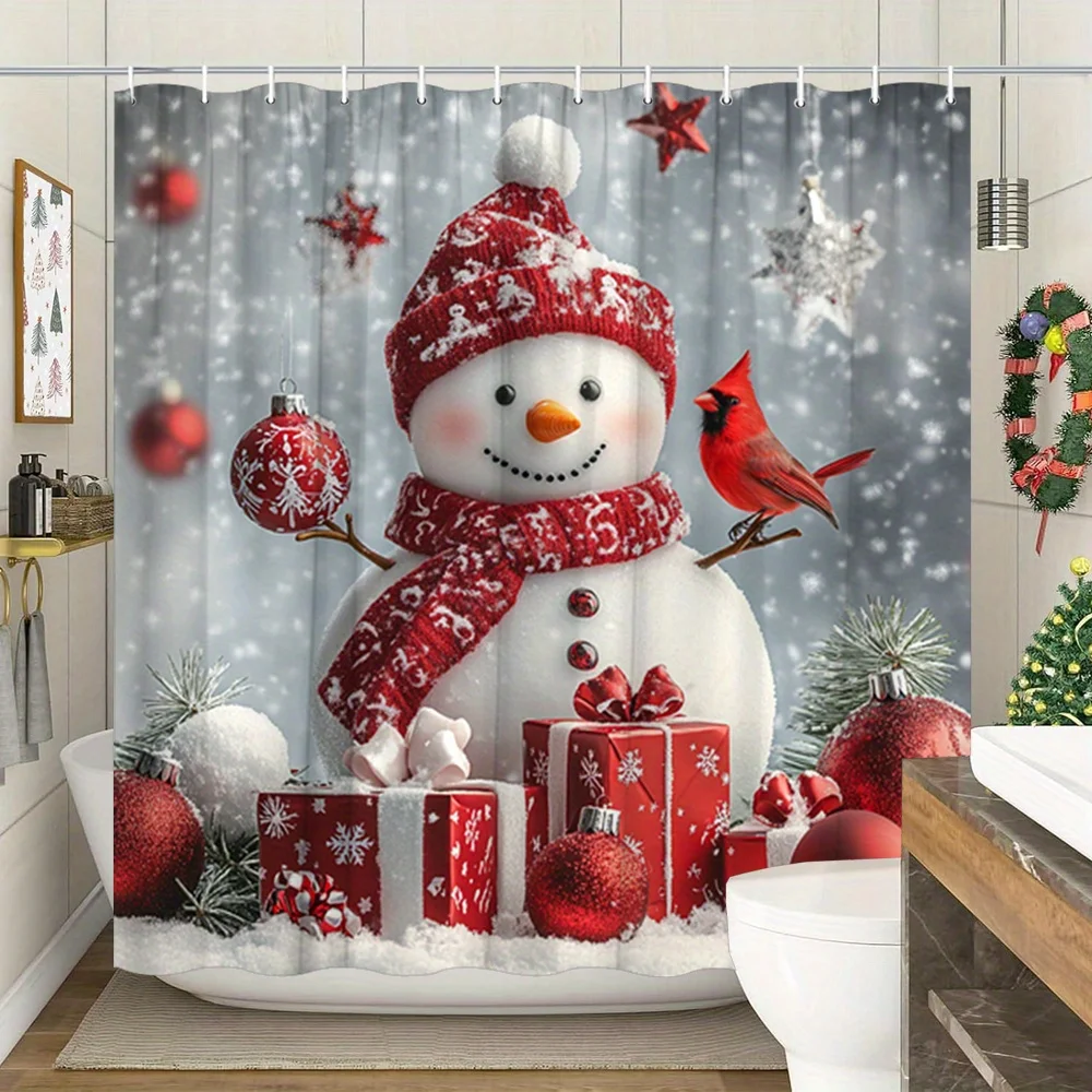 Extra Large Christmas Shower Curtain - Snowman with Red Hat & Cardinal Bird, Winter Bathroom Decor with Gift Boxes