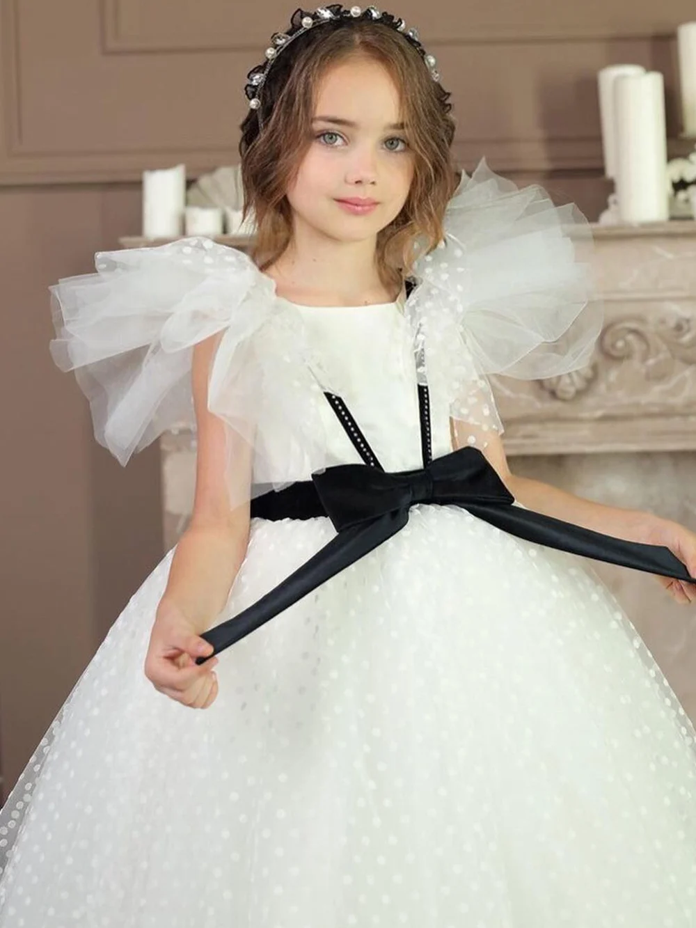 Robes bouffantes en Tulle pour filles, à fleurs, manches volantes, robe de mariée blanche Pure pour enfants, robes de bal de spectacle