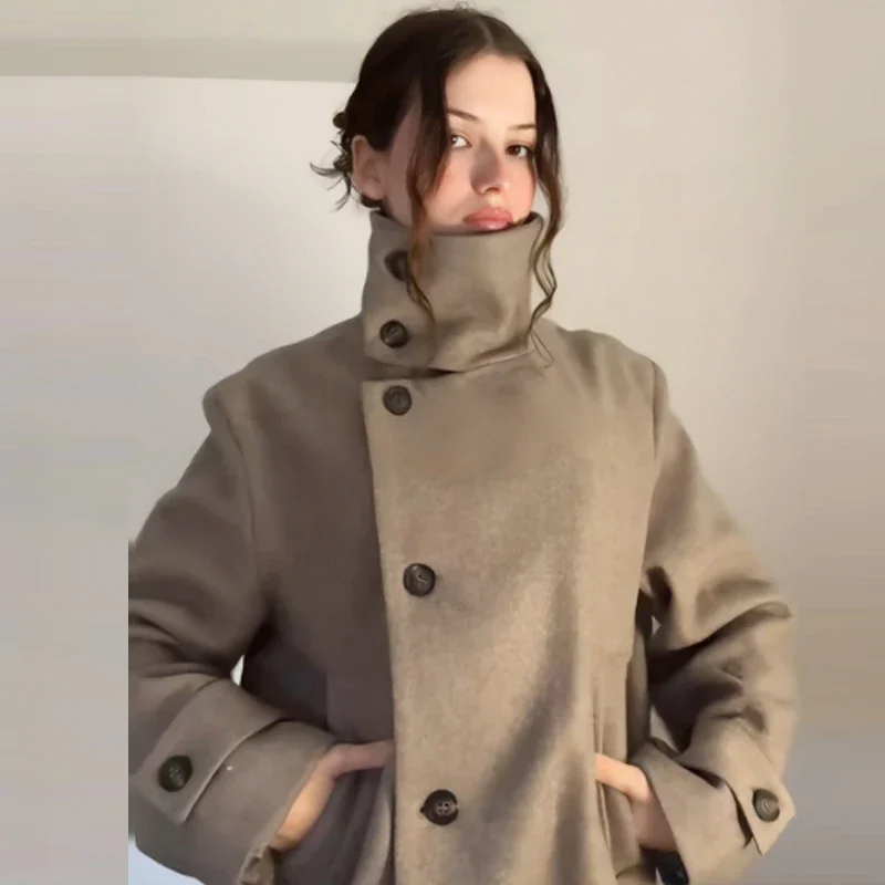 HXAO معطف المرأة اقتصاص سترة تويد عالية الياقة الخريف الشتاء جديد في معاطف امرأة طويلة الأكمام زر فو الصوف أفخم سترة #6