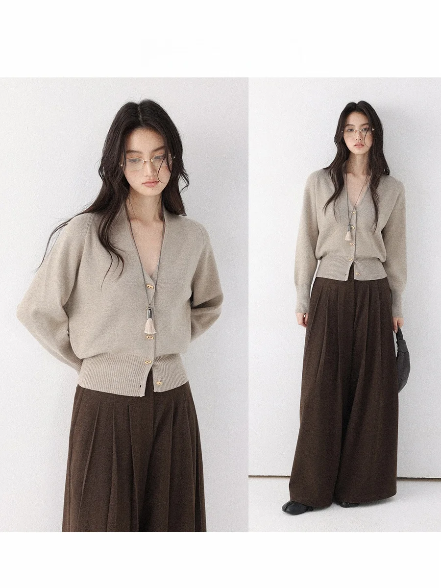 

CHACHASTU Women's Knitted Cardigan Deep V-ne Pure Color Autumn Winter Elastic Hem Small Calf Button Casual Sle Long Sve