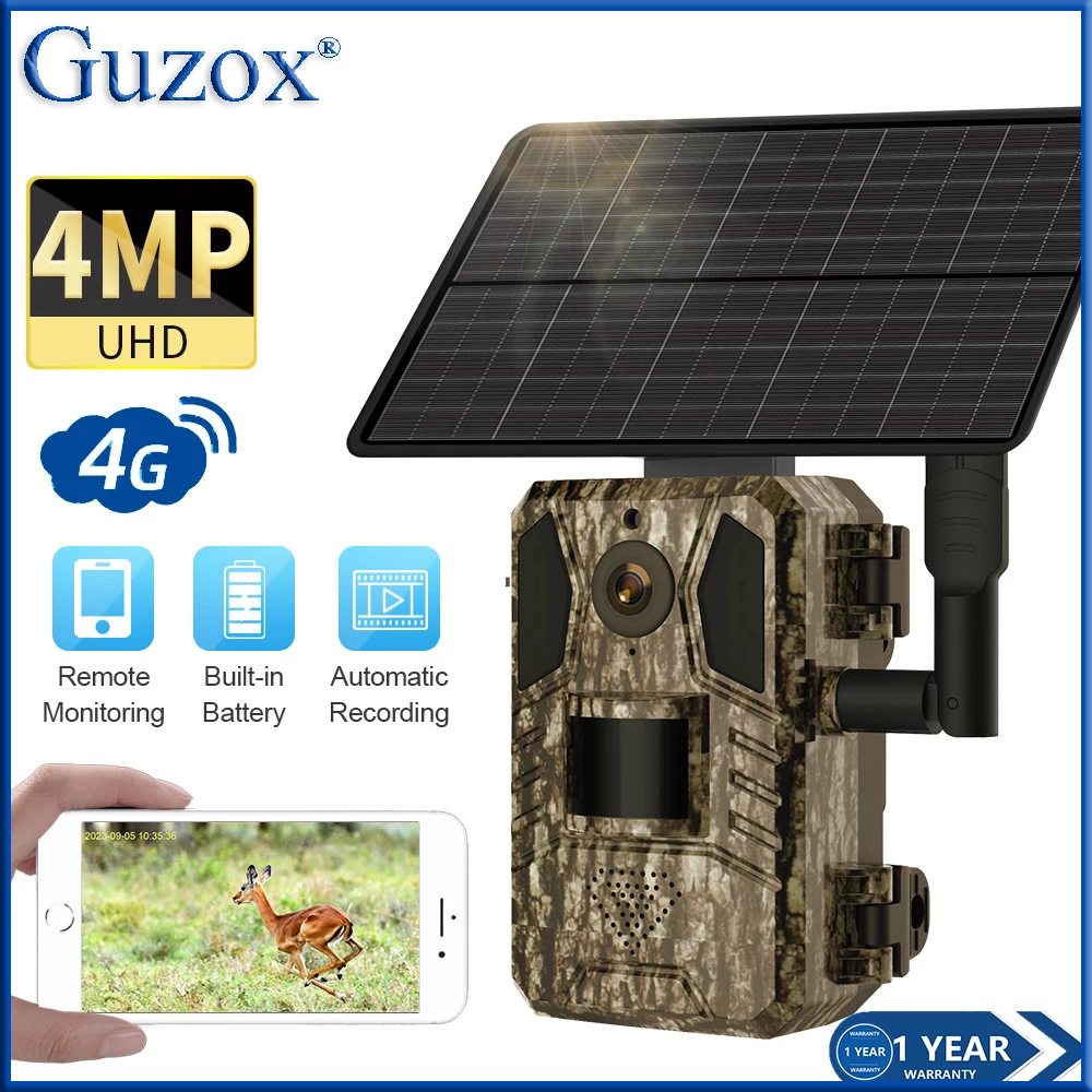 

Guzox 4MP Outdoor 4G Trail Camera Wireless SIM Card Two Way Voice IP66 Waterproof Solar Battery Powered Hunting Camera