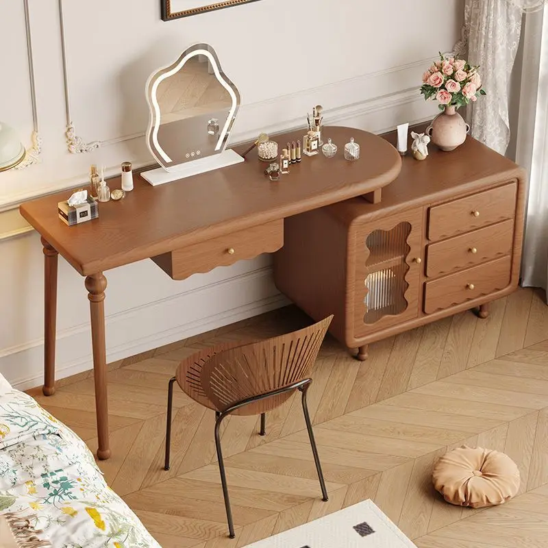 Small French simple dresser with retractable storage drawers, solid wood dressing table with wheels