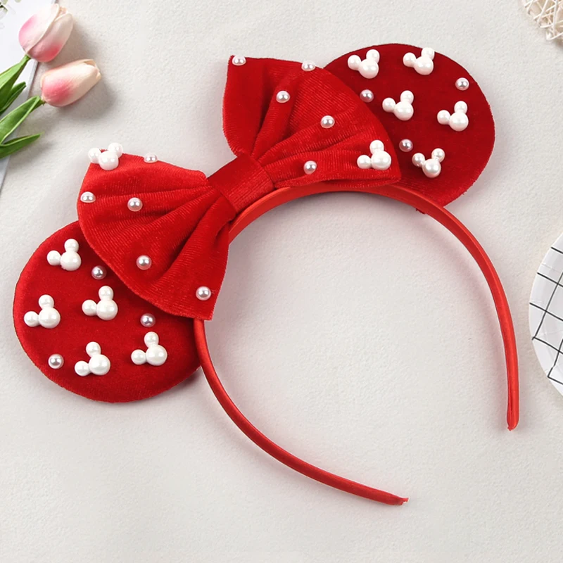 Chic Boutique Pearls 3.3 "Mouse Ears Headband 5" Velvet Bow Hairband For Girls Festival Party Cosplay DIY Women Hair Accessories view 6