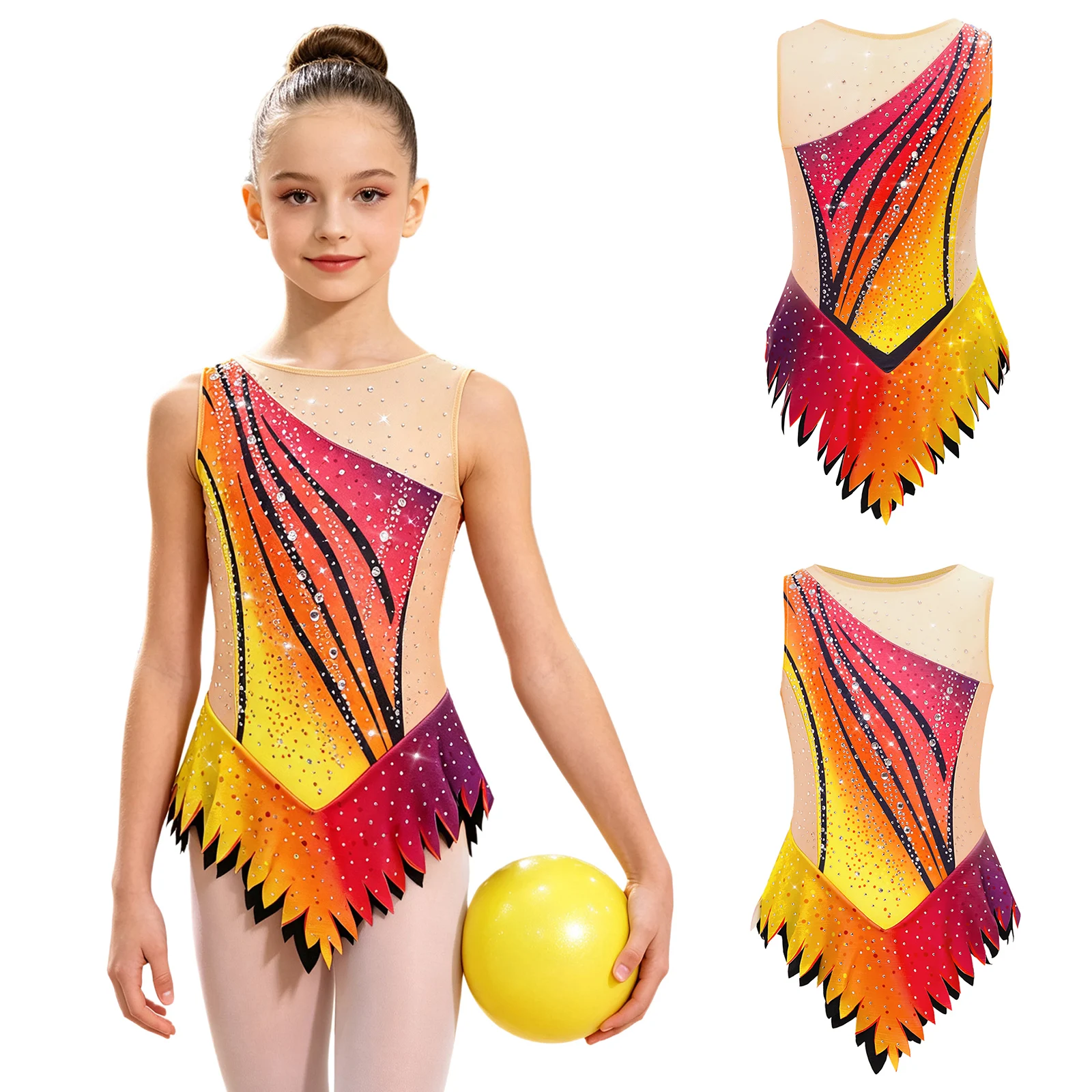 Kids Girl Rhythmic Gymnastics Figure Skating Acrobatics Ballet Dance Leotard Sleeveless Mesh Rhinestone Bodysuit Dress Dancewear