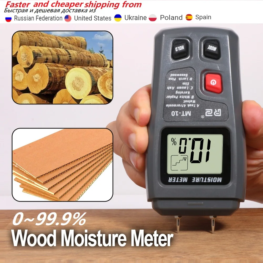 MT10 0-99.9% تستر الخشب 2 دبوس الرقمية الخشب مقياس الرطوبة جهاز اختبار الرطوبة الخشب الرطوبة الأخشاب الرطوبة كاشف حديقة أداة RZ